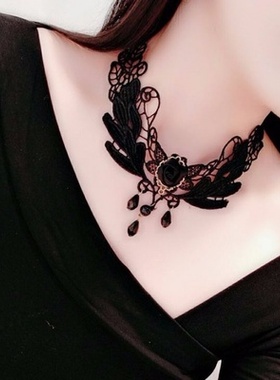 爆黑色蕾丝流行配饰锁骨链