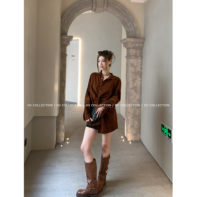 GV大白哥 Spring焦糖 不规则设计感立体纽结衬衫休闲长袖上衣女秋