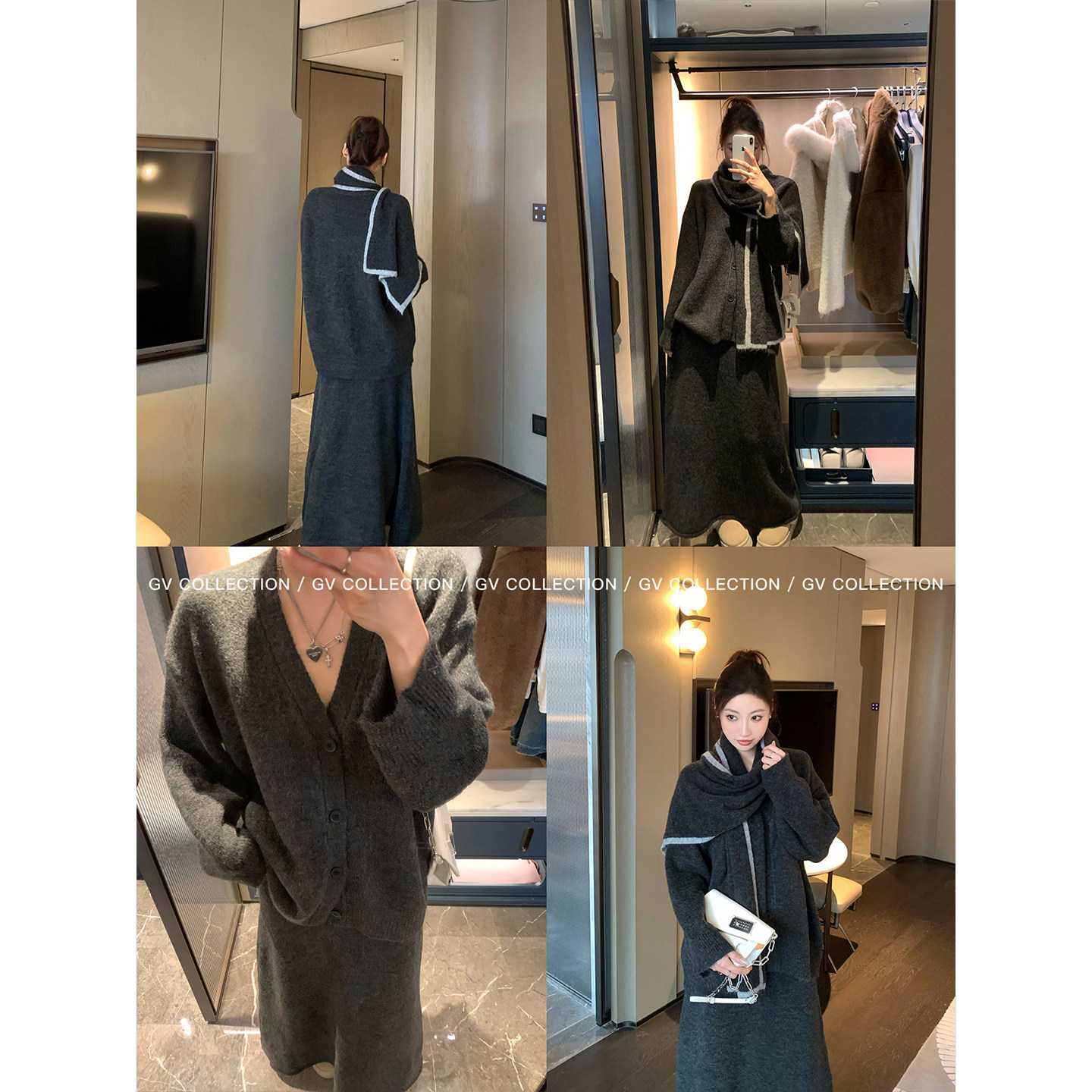 GV大白哥 枫棕落日 带围巾V领针织毛衣开衫半身裙套装春季新款女,淘宝优惠券,粉丝福利购,淘宝优惠卷