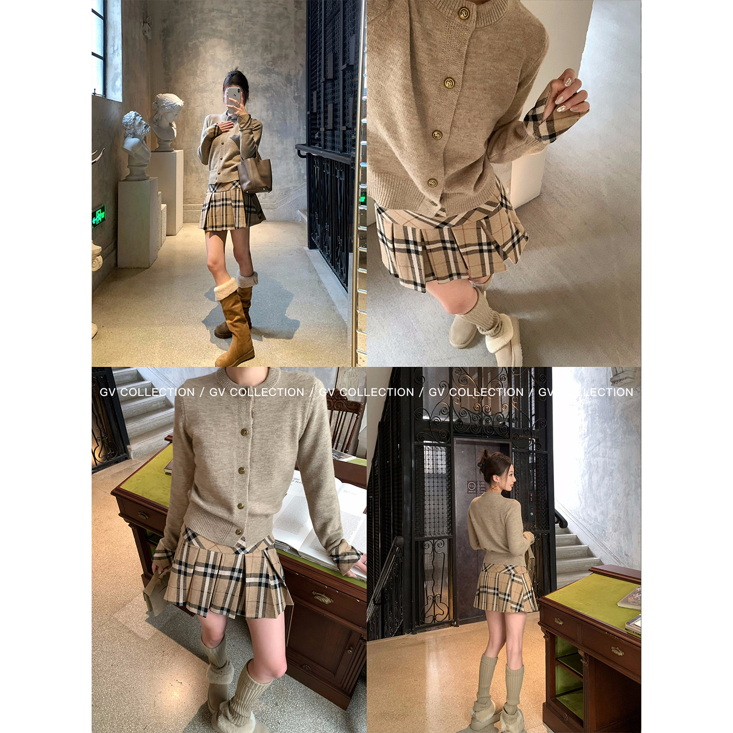 GV大白哥 英伦套系 圆领毛针织衫上衣格纹毛呢百褶半身裙套装秋冬,淘宝优惠券,粉丝福利购,淘宝优惠卷