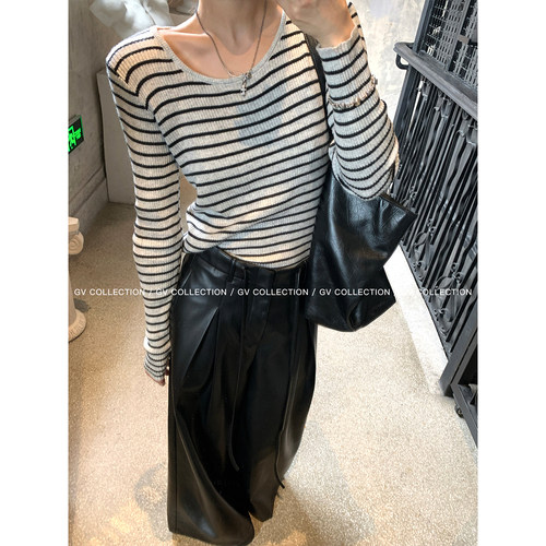 GV大白哥 万搭闭眼入 圆领条纹羊毛针织上衣秋季慵懒高级感穿搭 - 图2