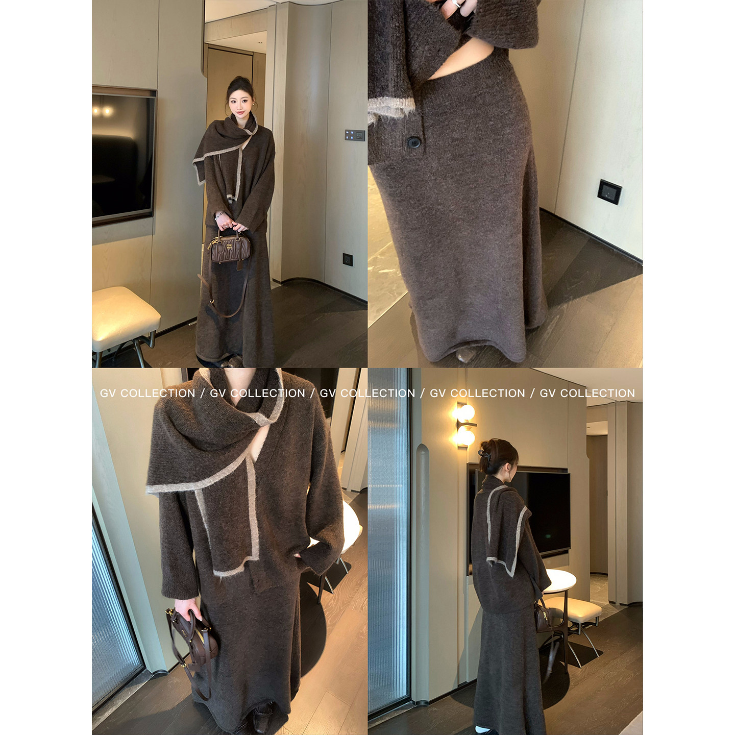 GV大白哥 枫棕落日 带围巾V领针织毛衣开衫半身裙套装春季新款女,淘宝优惠券,粉丝福利购,淘宝优惠卷