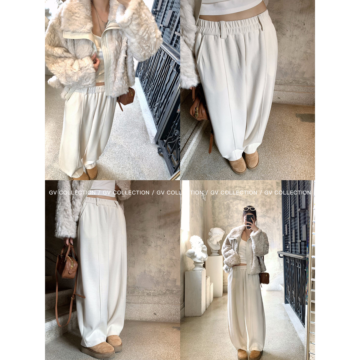 GV大白哥 经典叙事 直筒宽松镰刀松紧腰毛呢休闲裤冬季穿搭裤子女 - 图0