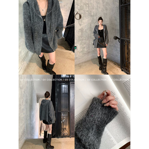 GV大白哥 随性闪闪VTG 连帽羊毛亮片廓形毛衣外套秋季穿搭女上衣 - 图0