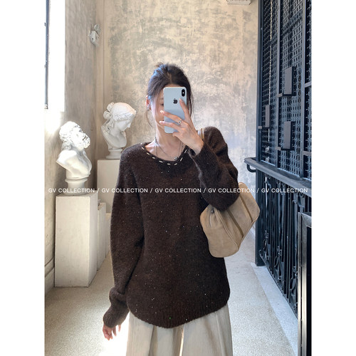 GV大白哥 classics简约 设计感亮片慵懒撞色宽松毛衣早秋穿搭女 - 图0