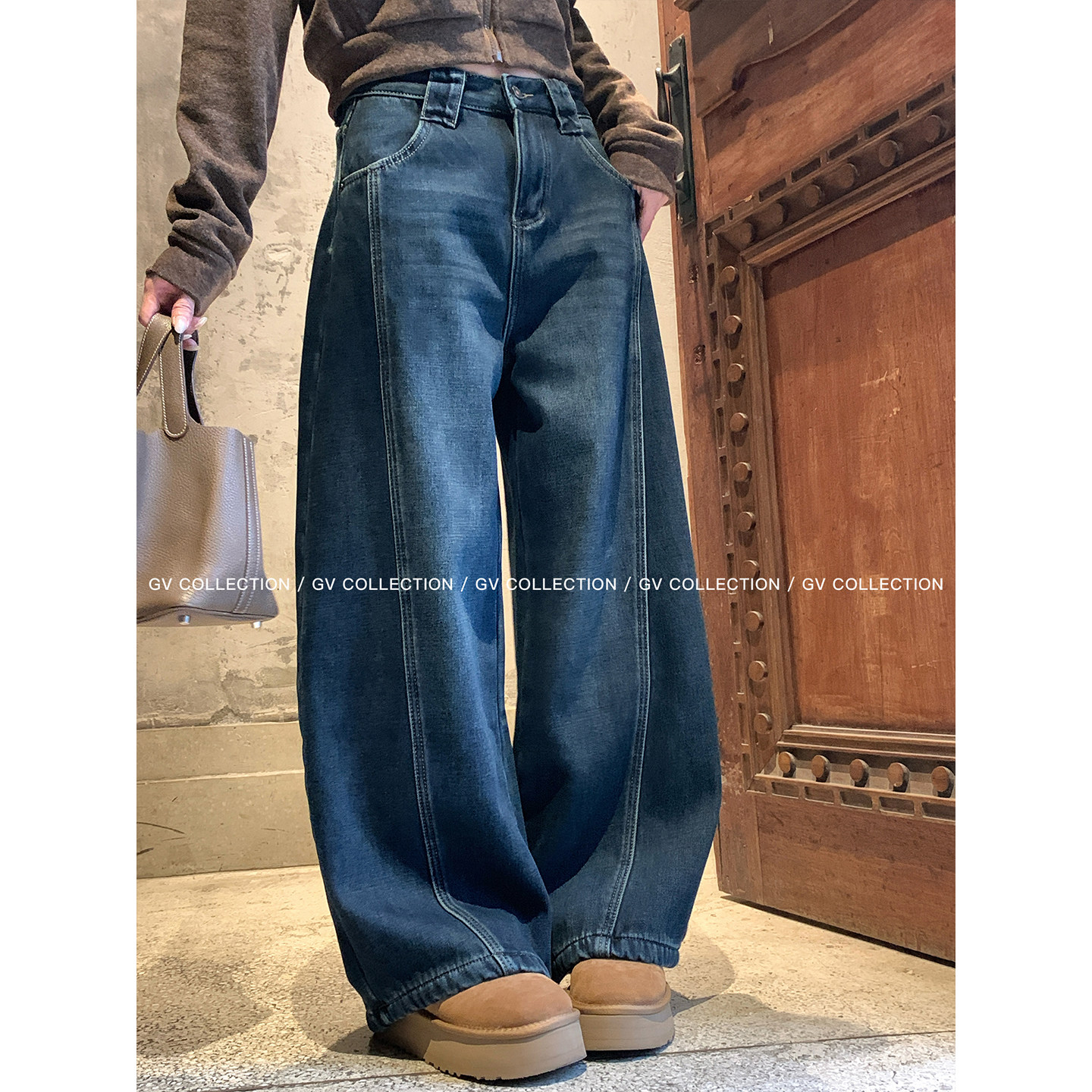 GV大白哥 加绒日常 复古加绒加厚弯刀阔腿牛仔裤秋冬保暖裤子女,淘宝优惠券,粉丝福利购,淘宝优惠卷