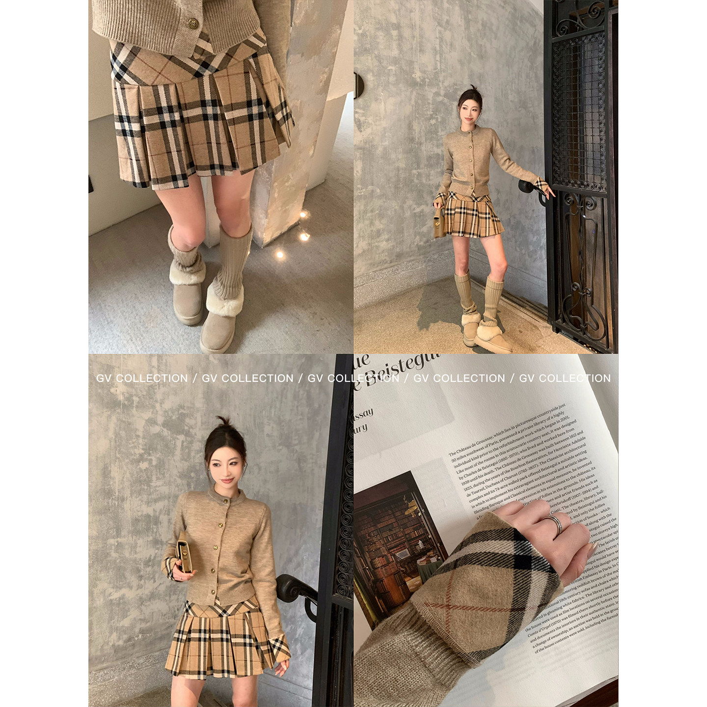 GV大白哥 英伦套系 圆领毛针织衫上衣格纹毛呢百褶半身裙套装秋冬,淘宝优惠券,粉丝福利购,淘宝优惠卷