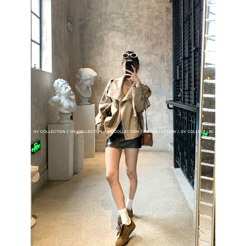 GV大白哥 英伦经典 ac*e立领双排扣短款风衣外套秋季新款女上衣 - 图1