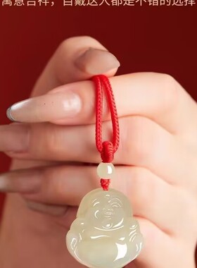 和田色玉观音玉佛男女款情侣玉平安项链笑米勒佛玉石饰品玉佩吊坠