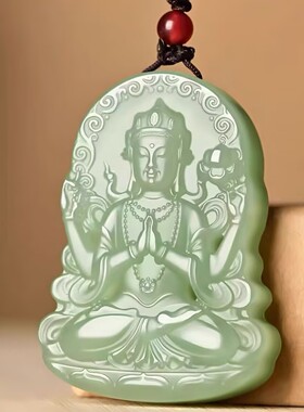 和田色玉青色玉观音吊坠男女款坐莲观音菩萨挂件手持宝瓶平安玉佩