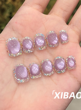 紫色猫眼穿戴甲短款高质量显白指甲贴片2026新款手工夏日穿戴美甲