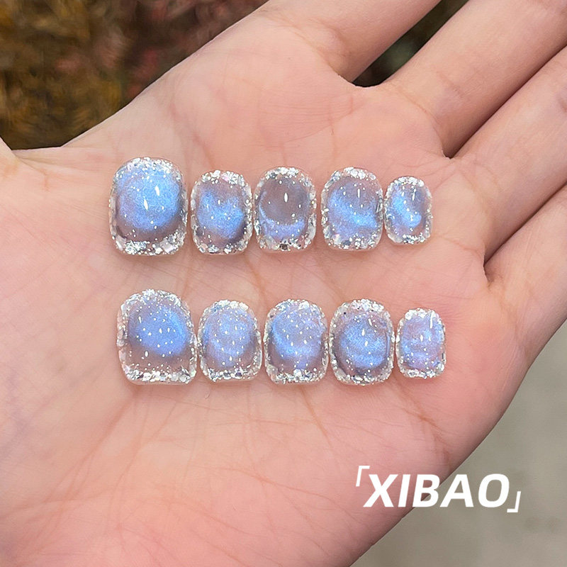 蓝色猫眼穿戴甲短款夏天绝美指甲贴片2025新款高级感手工穿戴美甲,淘宝优惠券,粉丝福利购,淘宝优惠卷