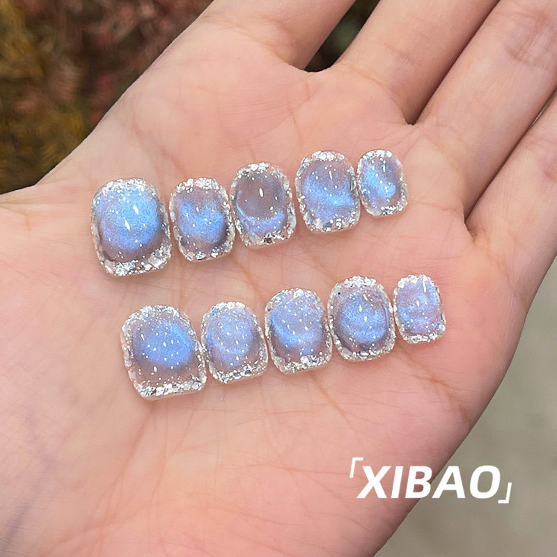 蓝色猫眼穿戴甲短款夏天绝美指甲贴片2025新款高级感手工穿戴美甲,淘宝优惠券,粉丝福利购,淘宝优惠卷