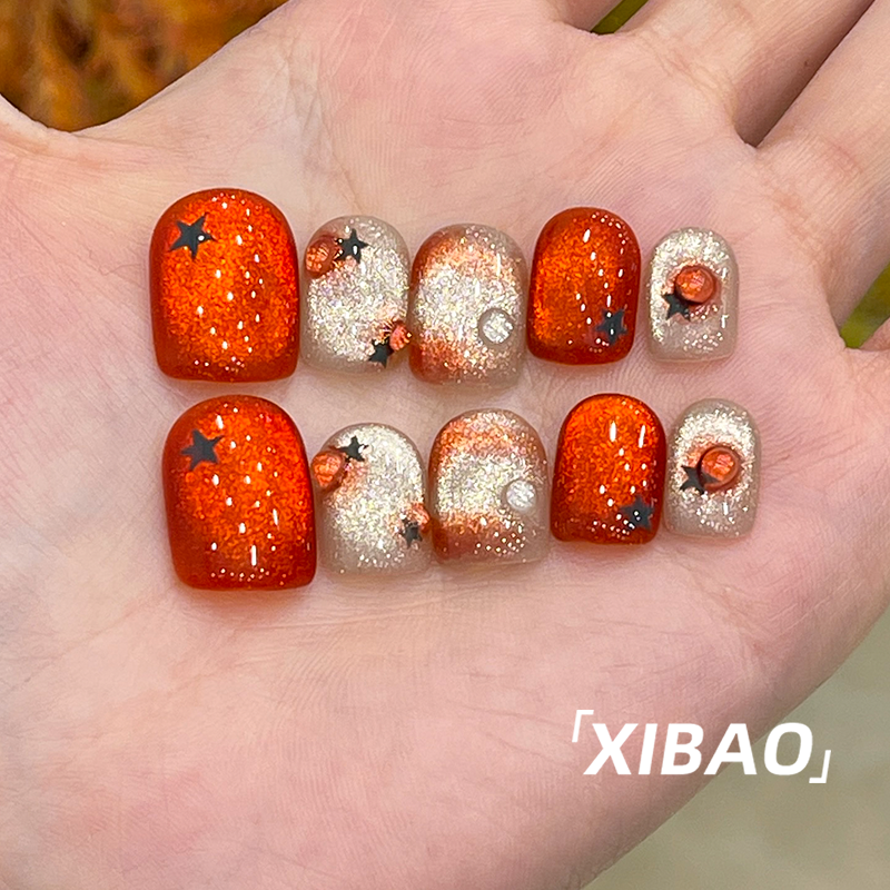 红色穿戴甲短款纯手工猫眼穿戴款美甲春夏高级感2025新款指甲贴片,淘宝优惠券,粉丝福利购,淘宝优惠卷