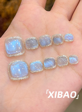 蓝色猫眼脚穿戴甲2026新款夏日显白穿戴美甲高级感手工脚趾甲贴片