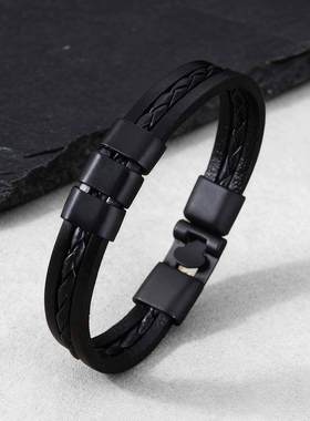 泰爱你极简黑色三层PU皮手镯
