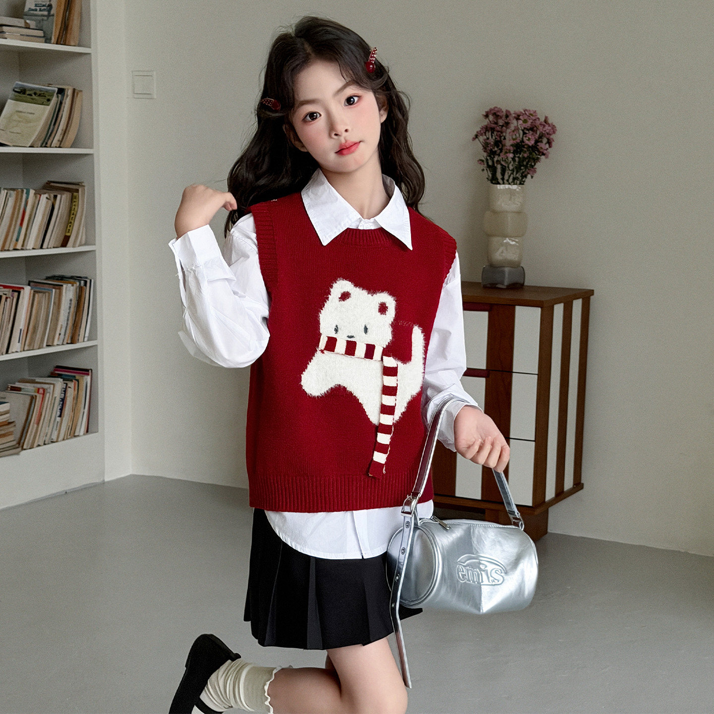 女童春秋连衣裙2026新款儿童学院风针织马甲白色衬衫JK制服百褶裙,淘宝优惠券,粉丝福利购,淘宝优惠卷