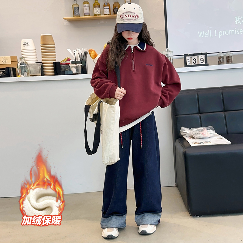 女童秋冬加绒卫衣套装儿童加厚翻领安哥拉红上衣牛仔裤中大童潮搭 - 图3