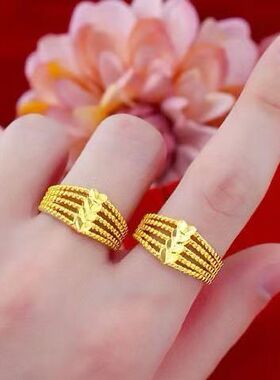 越南镀沙金色戒指男爱心款式车花指环可调节网红女士麦穗送女友礼