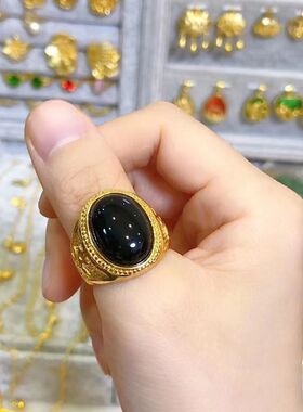 火爆越南沙金戒指男士款霸气帝王绿黑石头久不掉色开口指环送礼