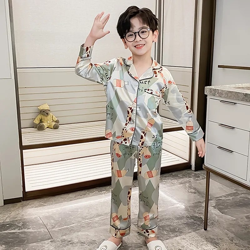 儿童睡衣春秋季新款翻领长袖男童睡衣套装宽松洋气外穿大童空调服,淘宝优惠券,粉丝福利购,淘宝优惠卷