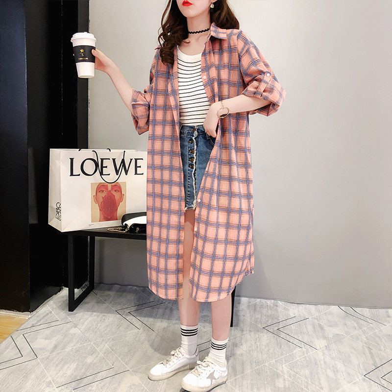 长款中长款防晒格子雪纺新款潮衬衫 仙妃衬衫