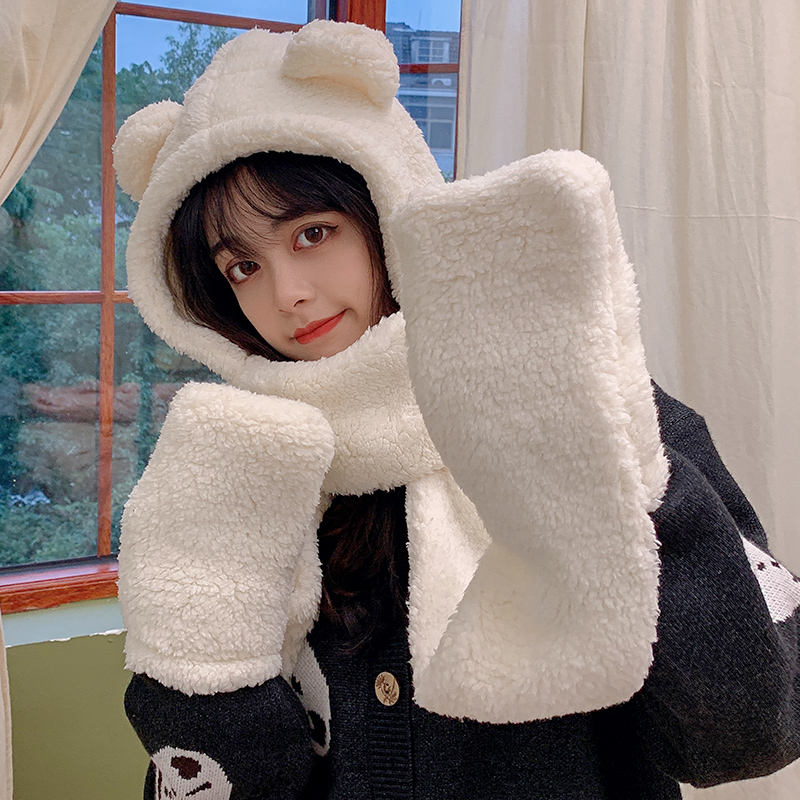 型公馆服饰旗舰店小熊帽子毛绒围巾女冬季可爱冬天手套三件套连帽一体护耳围脖保暖1