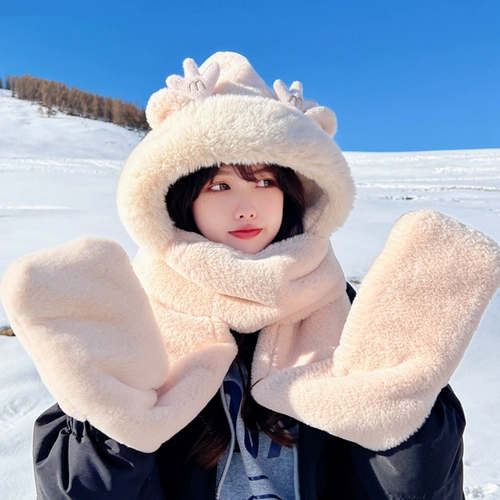 Демисезонная шапка, зимний шарф, удерживающие тепло бархатные перчатки, милый комплект с капюшоном, с медвежатами, 3 предмета