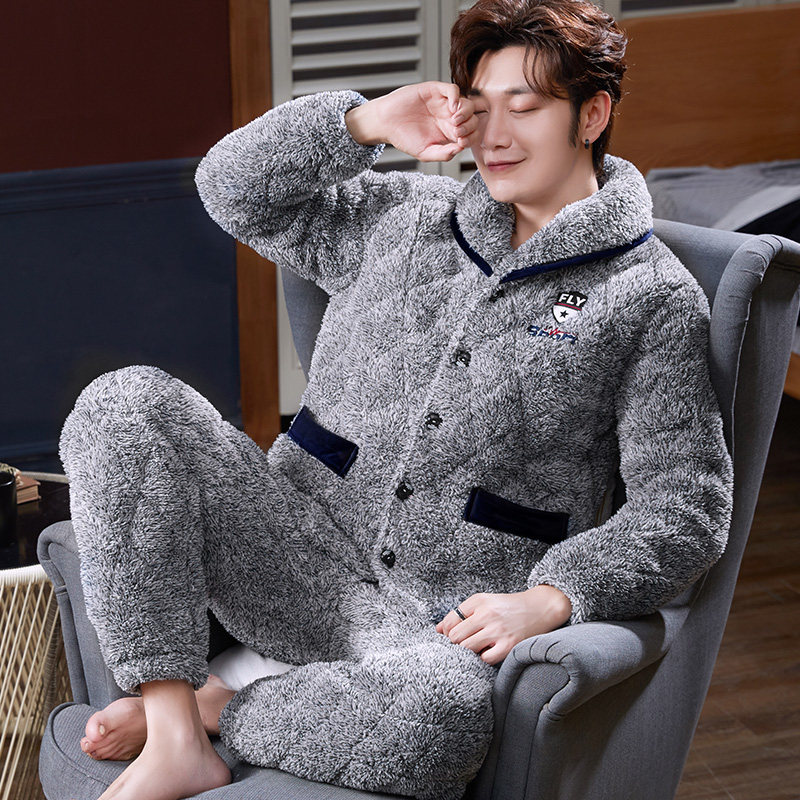 男士秋冬季珊瑚绒加绒冬款睡衣 国货服饰睡衣/家居服套装