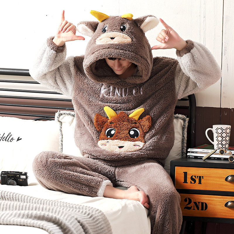 男士冬季珊瑚绒加绒青年秋冬款睡衣 国货服饰睡衣/家居服套装