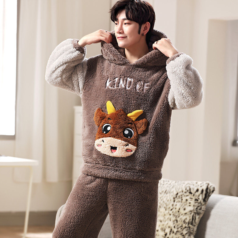 男士冬季珊瑚绒加绒青年秋冬款睡衣 国货服饰睡衣/家居服套装