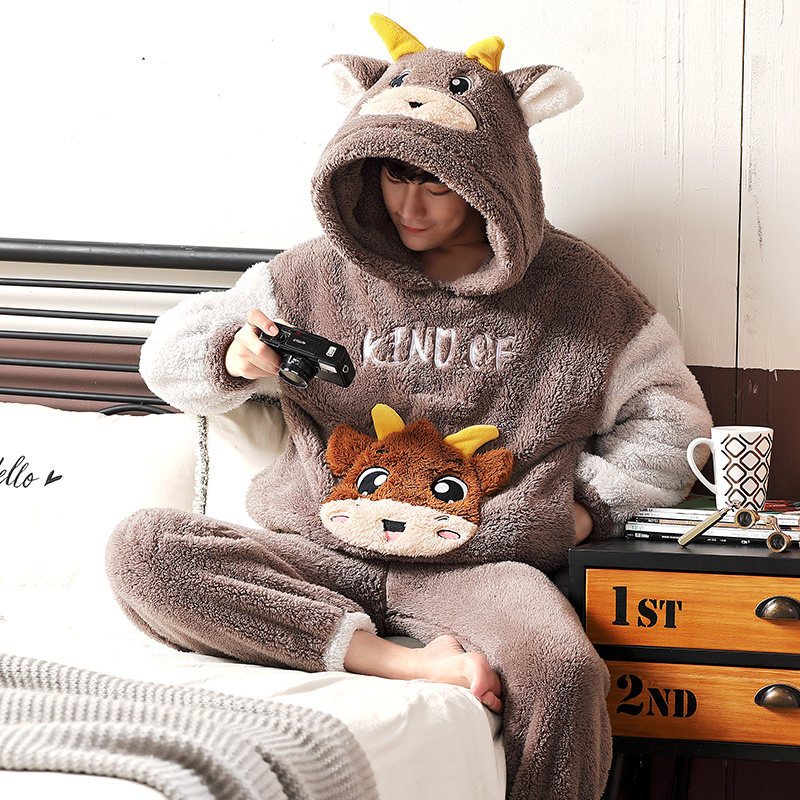 男士冬季珊瑚绒加绒青年秋冬款睡衣 国货服饰睡衣/家居服套装