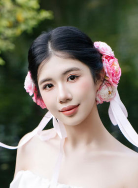 森系新款超仙甜美粉色花朵飘带发夹复古新娘结婚礼服旗袍夹头发饰