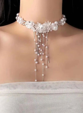 珍珠花朵流苏项链女轻奢小众设计感锁骨链高级感颈链