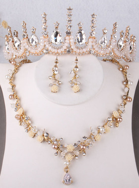 新娘婚纱浅金色手工原创项链耳环