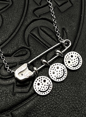 纯银别针回形针项链笑脸吊坠