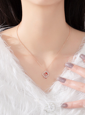 国潮新中式四叶草红锦鲤项链