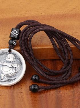 国潮复古弥勒佛吊坠做旧男女款圆牌吉言大肚佛公小佛项链实心配饰