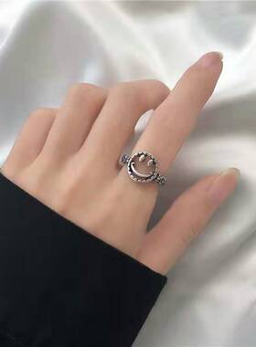轻奢高级感复古笑脸戒指女生镂空开口指环精致简约百搭学生手饰品