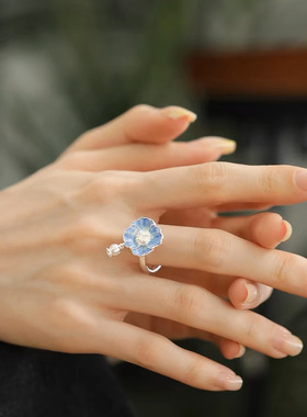 白月光高定蓝色花朵戒指女生滴胶珐琅彩烧蓝气质轻奢文艺开口指环