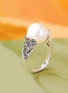 新中式复古做旧祥云如意圆珠戒指女生文雅高级感小众开口指环雕花