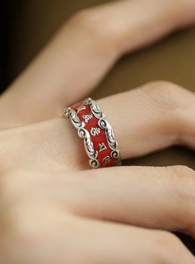 新中式六字真言戒指滴胶珐琅彩女红色开口指环高级感轻奢文艺手饰