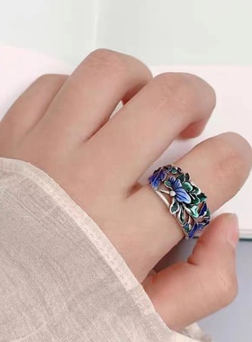 国潮新款牡丹戒指女生珐琅彩滴胶烧蓝花朵开口指环简约高级感手饰