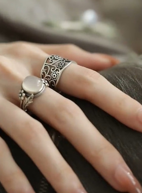 新中式复古花朵树叶戒指滴胶彩脂石女白月光文艺开口指环镂空个性