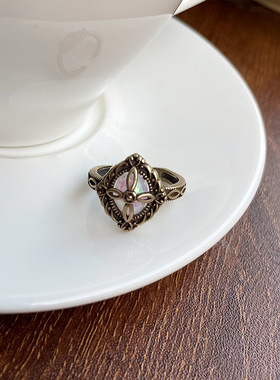 欧美风复古古铜十字菱形戒指高级感轻奢女生个性优雅开口指环小众