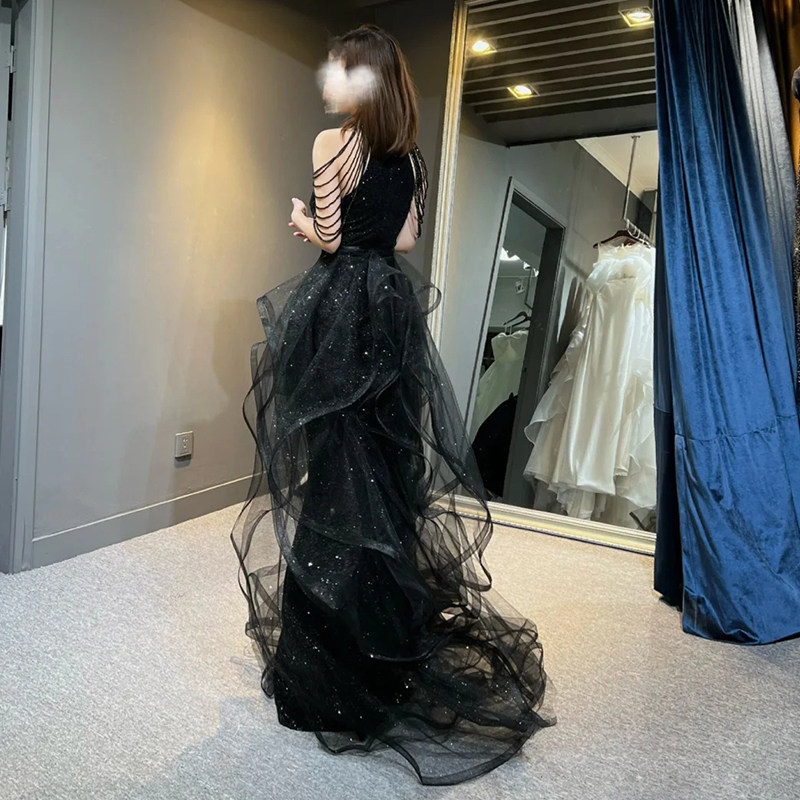 影楼黑色修身婚纱轻奢小众高级感 金典新娘礼服/晚装