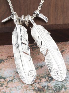 s925纯银高桥镶松石羽毛吊坠鹰爪