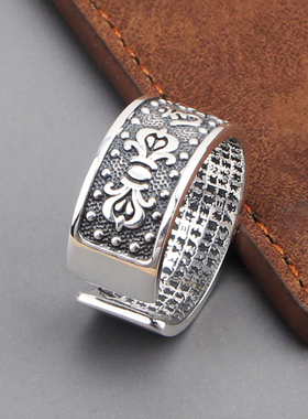 S999足银宽版心经六字真言开口戒指男女同款复古百搭中国风食指环
