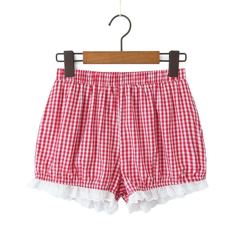 格纹蕾丝花边南瓜裤女 甜美风宽松外穿居家安全裤防走光打底短裤,淘宝优惠券,粉丝福利购,淘宝优惠卷