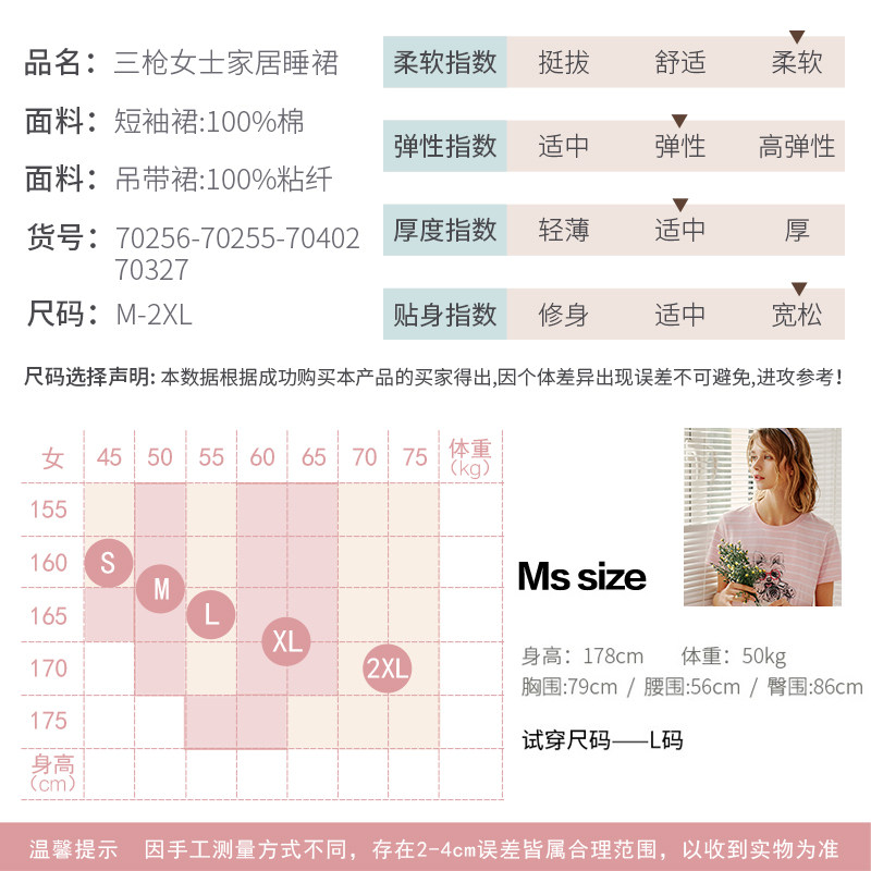 2条装三枪女士夏纯棉宽松居家睡裙 三枪沈阳睡裙